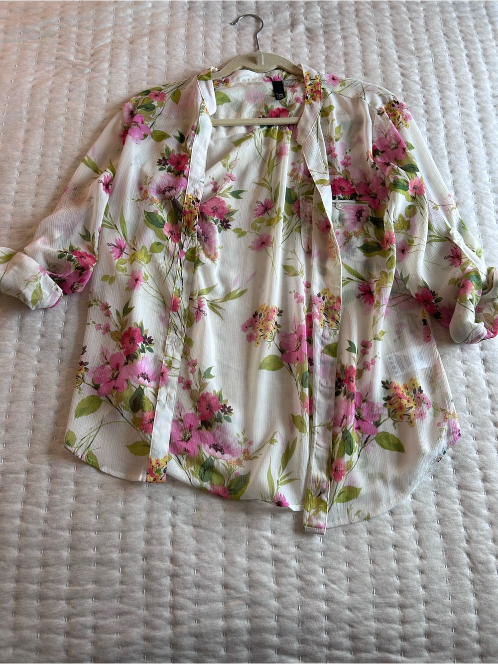 Kut from the Kloth White Button-Down Floral Shirt with Pink & Green Print